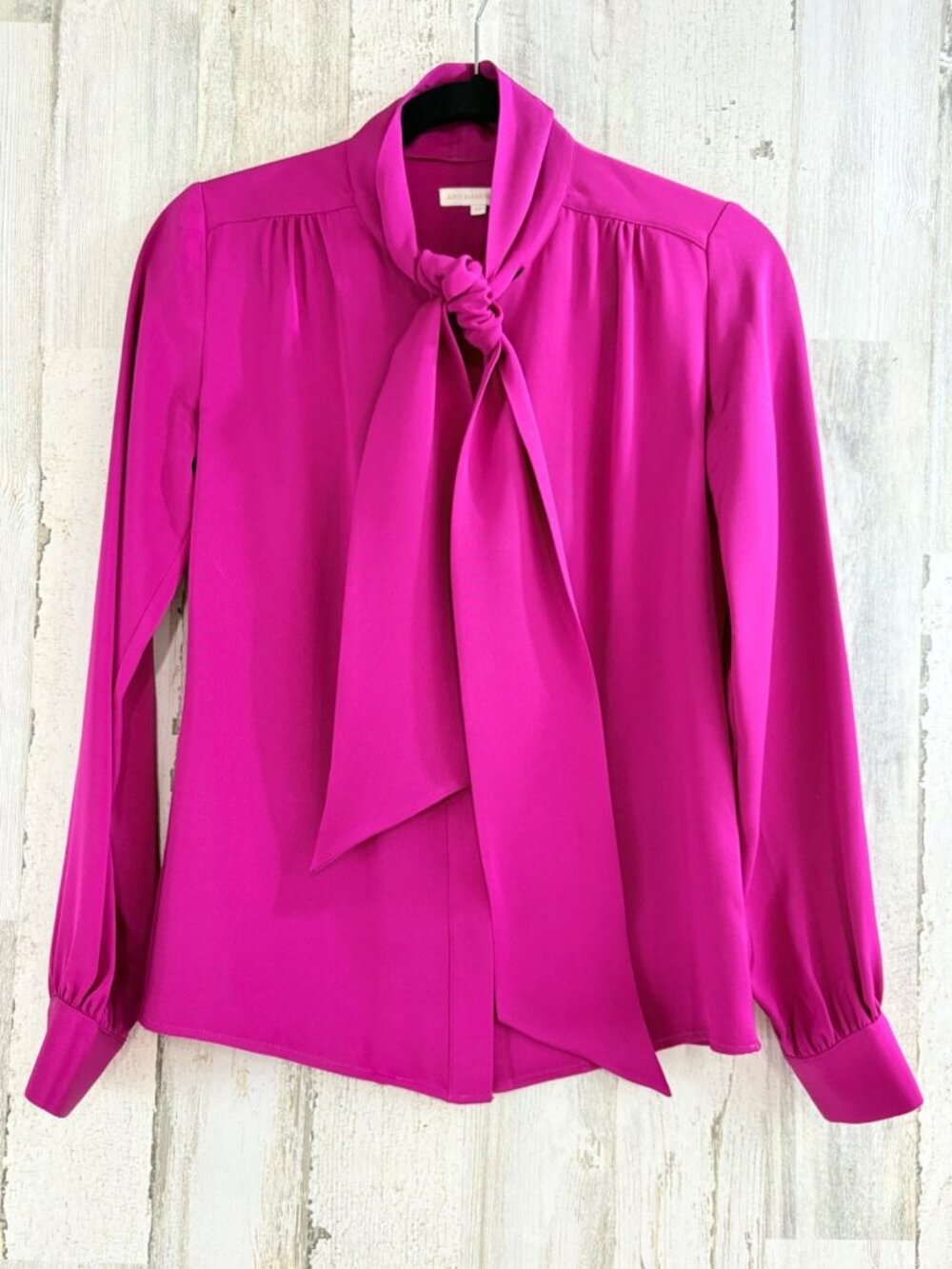 Ann Mashburn Berry Pink Silk Crepe de Chine Tie Neck Bow Blouse Sz XS